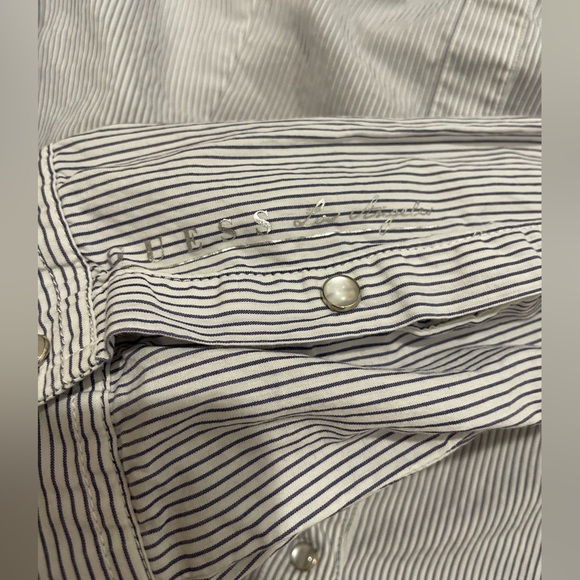 GUESS Striped Sheer Long Sleeve Button Down Western Shirt Sz Lg Pearl Snap Lace - Picture 11 of 12